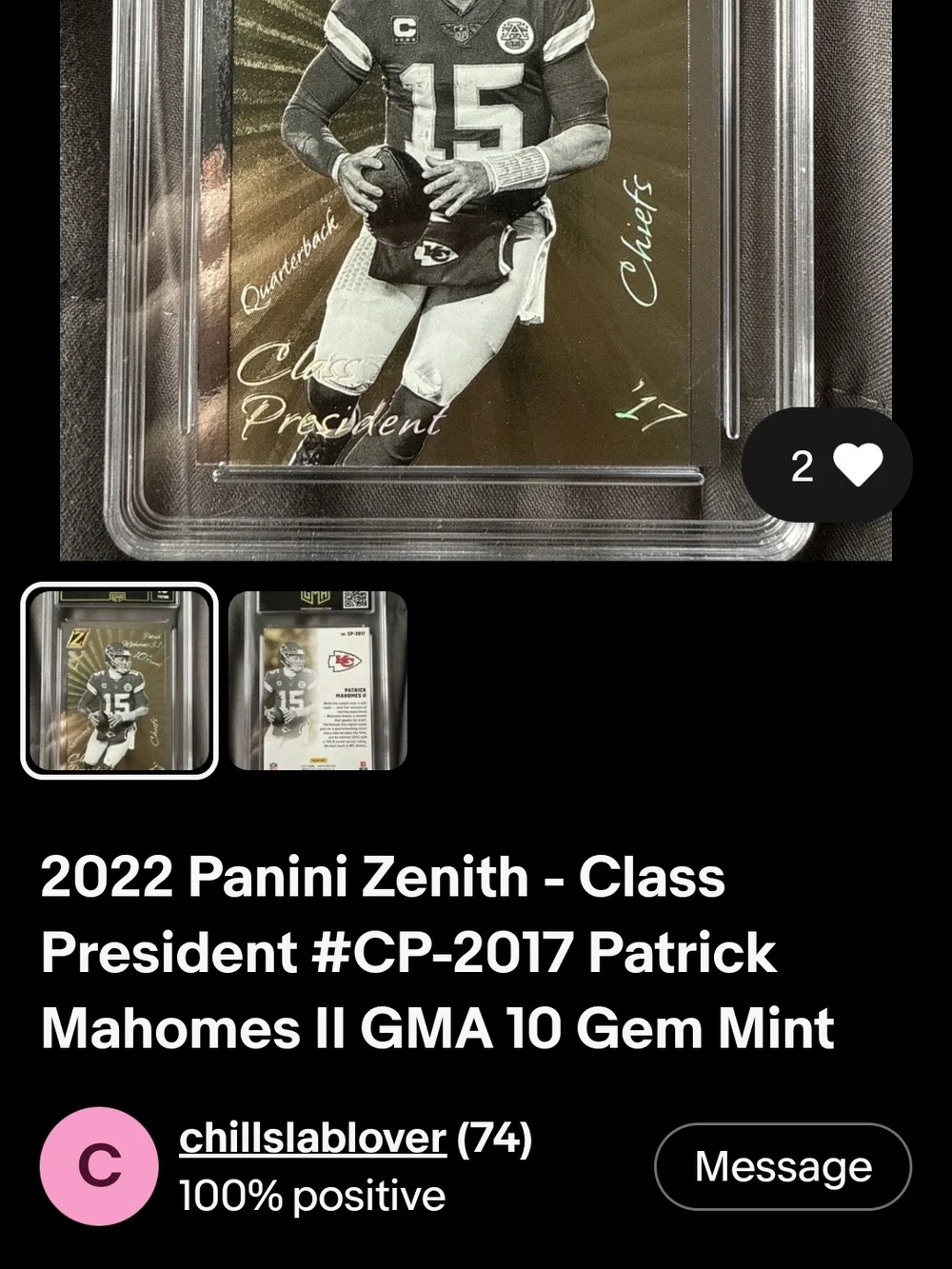 2022 Zenith Class President- Patrick Mahomes Gem Mint Compare At $87